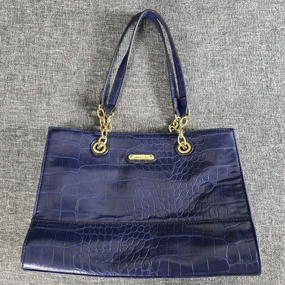 Anne Klein Blue Croc Embossed Faux Leather Satchel Chain Shoulder Bag Purse